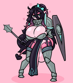 anthro armor balls big_balls big_breasts big_penis blue_eyes breasts cross-popping_vein flaccid garter_straps genitals gynomorph huge_balls huge_breasts huge_penis intersex mace markings melee_weapon penis pink_body pseudo_hair ribbons shield solo spade_tail spots spotted_body tail tentacle_hair tentacles unconvincing_armor weapon limebreaker aquatic cephalopod hybrid mollusk 2022 absurd_res hi_res