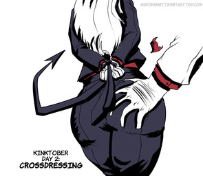 5_fingers ambiguous_gender black_bottomwear black_clothing black_pants black_tail black_tie_(suit) black_topwear black_vest bottomwear bound butt butt_focus butt_grab clothed clothing crossdressing duo faceless_character faceless_female faceless_humanoid female female/ambiguous female_focus fingers fully_clothed gloves hair hand_on_butt hands_behind_back hands_tied handwear heart_symbol humanoid_focus long_hair mostly_offscreen_character not_furry number pants pointed_tail red_clothing red_shirt red_topwear shirt simple_background solo_focus suit tail text topwear vest white_background white_clothing white_gloves white_hair white_handwear gardenminttea helltaker kinktober azazel_(helltaker) demon demon_humanoid humanoid 2022 digital_media_(artwork) english_text hi_res url