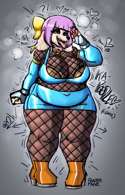 anthro big_breasts blue_clothing breasts clothing collar expansion female fishnet_clothing front_view gloves grey_background hair handwear implied_transformation mind_control overweight overweight_anthro pawpads pink_hair ringed_eyes simple_background smile solo standing thigh_expansion fanterfane mrchin capcom ghost_trick kamila_(ghost_trick) canid canine canis domestic_dog mammal poodle 2023 digital_media_(artwork) hi_res