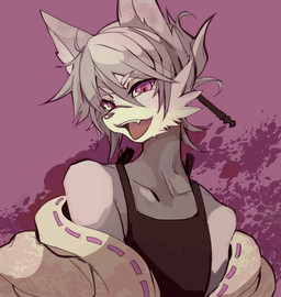 abstract_background anthro black_nose clothed clothing cute_fangs fangs fur grey_body grey_fur grey_hair hair looking_at_viewer male multicolored_body multicolored_fur open_mouth purple_eyes short_hair solo teeth translucent translucent_hair white_body white_fur toumitu canid mammal 2015