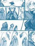 2016 anthro blue_and_white cloak clothing comic conditional_dnp eyes_closed felid fire fireball fur gloves group hair handwear hood human human_focus keidran magic male mammal monochrome open_mouth pantherine simple_background sketch tiger tom_fischbach trace_legacy twokinds white_background