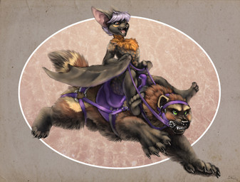 ambiguous_gender anthro bridle duo feral fluffy green_eyes harness reins riding saddle straddling sabretoothed_ermine bat gulonine mammal mustelid musteline wolverine 2016