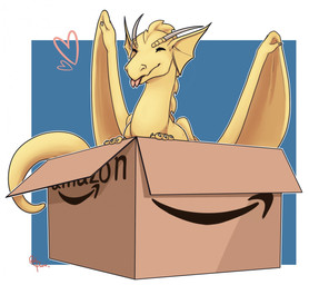 ambiguous_gender box cardboard cardboard_box container eyes_closed feral forked_tongue frill_(anatomy) gold_scales heart_symbol horn in_box in_container membrane_(anatomy) membranous_frill scales simple_background solo tail tongue tongue_out wings redpixie amazon_(company) mythology tsargoth dragon mythological_creature mythological_scalie reptile scalie