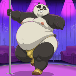 anthro belly big_belly black_body bulge clothing detailed_background furniture green_eyes male moobs nipples overweight overweight_male pole sofa solo standing stripper stripper_pole underwear white_body bobbellyboy dreamworks kung_fu_panda master_po_ping bear giant_panda mammal 1:1 2026 hi_res