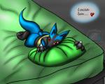 3_toes anthro bed biped black_body black_fur black_nose blue_body blue_fur claws eyelashes feet female fur furniture heart_symbol looking_at_viewer lying pillow red_eyes solo spikes tail text toes snowfyre nintendo pokemon canid canine generation_4_pokemon lucario mammal pokemon_(species) 2010 english_text