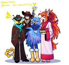ambiguous_gender anniversary anthro asian_clothing barefoot beak blue_body blue_bottomwear blue_clothing blue_feathers blue_hair blue_pants boots bottomwear cake candle closed_smile clothed clothed_anthro clothed_human clothing confetti cowboy_hat dessert east_asian_clothing emanata feathers feet flower food footwear fully_clothed fully_clothed_anthro fully_clothed_human gloves group gun hair handgun handwear hat headgear headwear heart_symbol japanese_clothing kimono mouth_closed open_mouth open_smile orange_hair pants plant ranged_weapon revolver shadowed_eyes shoes smile text topwear weapon white_clothing white_topwear yellow_body yellow_boots yellow_clothing yellow_footwear young young_human zalupa_ebanaya undertale undertale_(series) undertale_yellow ceroba_ketsukane clover_(undertale_yellow) flowey_the_flower martlet_(undertale_yellow) starlo_(undertale_yellow) avian bird canid canine elemental_creature flora_fauna flower_creature fox human mammal unknown_species 2024 digital_drawing_(artwork) digital_media_(artwork) english_description english_text full-length_portrait hi_res portrait female_(lore) male_(lore)