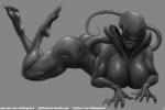 3:2 5_toes alien alien_(franchise) arm_support arms_bent bent_legs big_breasts big_butt biped breasts butt calves_up feet female forward_arm_support grey_background humanoid_feet lying monochrome monster muscular muscular_female nihilophant not_furry plantigrade raised_calf seductive simple_background smile solo text toes xenomorph