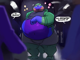 ambiguous_gender anthro belly belly_expansion belly_inflation big_belly blue_body blue_skin blueberry_inflation bodily_fluids chubby_cheeks clothed clothing dialogue expansion exposed_belly flying_sweatdrops foreground_silhouette foreground_spectators green_body green_skin group inflation inside looking_down looking_down_at_self male motion_lines navel obese obese_anthro obese_male open_mouth overweight overweight_anthro overweight_male red_body red_skin solo_focus speech_bubble standing sweat sweatdrop text thick_thighs wide_hips worried azspicedjason charlie_and_the_chocolate_factory watermelon_(watermelonthegecko) ambiguous_species gecko lizard reptile scalie artist_name digital_media_(artwork) english_text hi_res story story_in_description