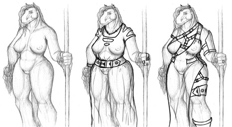 anthro belt big_breasts big_butt breasts butt ear_piercing female nude pencil_(object) piercing pole simple_background slightly_chubby solo white_background wide_hips breq-zerith equid mammal greyscale hi_res monochrome sketch