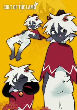 2_horns ambiguous_anthro ambiguous_gender anthro bell bell_collar biped blep bottomless butt clothed clothing collar featureless_crotch flower fur hooves horn looking_at_viewer looking_back looking_back_at_viewer navel plant scut_tail short_tail simple_background solo tail text tongue tongue_out white_body white_fur white_wool wool_(fur) yellow_background kittem4 cult_of_the_lamb massive_monster_(studio) lamb_(cult_of_the_lamb) bovid caprine mammal sheep english_text hi_res