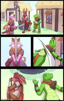 ambiguous_gender anthro armor bag blind bottomwear claws clothing colored_sclera disability fainted female fight group loincloth male melee_weapon navel paws piercing scabbard scared scarf slashing spiral spiral_eyes sword tongue tongue_out trio weapon queenrupti cotton_le_sergal_(character) deer kobold lagomorph leporid mammal rabbit scalie absurd_res comic hi_res