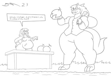 anthro bag female food fruit male melon plant size_difference tail text dirtymac mythology dragon human mammal mythological_creature mythological_scalie scalie absurd_res black_and_white english_text hi_res monochrome