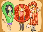 anthro bacon_costume clothing costume female food food_costume group lettuce lettuce_costume plant tomato_costume trio vegetable soaringhamster canid canine canis domestic_dog felid fox lion mammal pantherine 4:3 hi_res