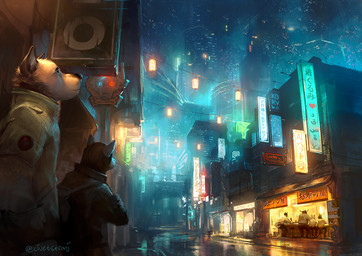 anthro city city_background cityscape clothed clothing cyberpunk detailed_background fully_clothed group hood hood_up jacket lamp male outside restaurant sign sitting street text topwear wet civetstranj bovid bovine canid canine canis cattle domestic_cat felid feline felis mammal wolf 2018 artist_name digital_media_(artwork) japanese_text
