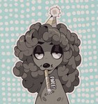 anthro chibi clothing curled_hair fur grey_body grey_fur grey_hair hair half-closed_eyes hat headgear headwear narrowed_eyes party_hat party_horn pattern_background simple_background smile solo sound_effects text terribleanimal dean_(terribleanimal) canid canine canis domestic_dog mammal poodle english_text hi_res