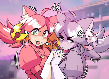 ahoge bell clothing cross-popping_vein duo eyelashes female gloves green_eyes hair hand_holding handwear heart_necklace heart_symbol inner_ear_fluff light_body light_skin looking_aside looking_at_viewer pink_clothing pink_hair pixelated_background purple_body purple_clothing purple_hair purple_skin tuft astonarts irritable_ghost_(deltarune) mad_mew_mew mew_mew_(undertale) pink_(deltarune) animal_humanoid felid felid_humanoid feline feline_humanoid humanoid mammal mammal_humanoid seven_flowers 2026 hi_res