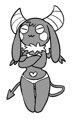 2_horns anthro belly belly_markings big_horn black_body black_ears black_fur black_tail black_tuft black_wings bra cheek_markings clothing crossed_arms eyes_closed facial_markings featureless_feet featureless_hands feet female female_anthro floppy_ears fur head_markings head_tuft heart_(marking) horn long_ears lop_ears markings membrane_(anatomy) membranous_wings panties simple_background small_wings solo spade_tail standing tail tuft underwear white_background white_bra white_cheeks white_clothing white_horn white_markings white_panties white_underwear wings o-den bibi_(o-den) demon succubus 2026 digital_media_(artwork) monochrome