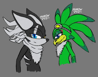 anthro black_body black_fur black_nose blue_eyes cheek_tuft chest_fur chest_tuft dreadlocks duo eye_scar eyelashes eyeshadow eyewear eyewear_on_head facial_scar facial_tuft feathers flame_pattern fur goggles goggles_on_head green_body green_feathers green_hair grey_background hair heterochromia long_eyelashes long_hair makeup male mohawk multicolored_body multicolored_fur scar scarf simple_background tuft white_body white_fur white_hair yellow_eyes marrow_ghost sega sonic_forces sonic_riders sonic_the_hedgehog_(series) infinite_(sonic) jet_the_hawk accipitrid accipitriform avian bird canid canine canis jackal mammal digital_drawing_(artwork) digital_media_(artwork) signature sketch