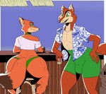 alcohol aloha_shirt anthro bar beach_bar bendy_straw beverage big_butt bottomwear brown_body brown_fur bulge butt claws clothing collar countershading dipstick_tail drinking_straw duo femboy fur furniture green_eyes hand_on_hip holding_beverage holding_object looking_at_viewer looking_back male markings orange_body orange_fur panties pattern_clothing pattern_shirt pattern_topwear shirt shorts smile stool tail tail_markings tan_body tan_fur thick_thighs tight_bottomwear tight_clothing tight_shorts tiki topwear underwear whiskers reagan700 disney pinocchio zootopia "honest"_john_foulfellow nick_wilde canid canine fox mammal red_fox true_fox 2022 hi_res