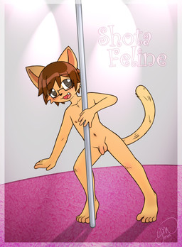5_fingers anthro balls biped brown_hair dancing eyewear eyewear_only fingers flaccid foreskin genitals glasses glasses_only hair humanoid_genitalia humanoid_penis male navel nude penis pole pole_dancing shota solo tail wearing_glasses young young_anthro young_male jmanime shota_feline_(marimo) domestic_cat felid feline felis mammal absurd_res hi_res