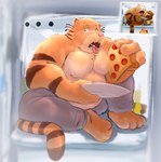 anthro barefoot bottomwear clothing ellipsis feet food fur in_fridge male mature_male open_mouth pants pecs pizza reference_image sitting slightly_chubby solo striped_body striped_fur stripes sweatpants tongue tongue_out softestpitbull sony_corporation sony_pictures the_garfield_movie_(2024) vic_(garfield) domestic_cat felid feline felis mammal 2023 hi_res