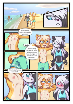 :3 anthro beach bikini bikini_bralette blonde_hair blue_eyes blush border breasts brown_body brown_fur brown_hair butt casual_exposure close-up clothed clothing crossdressing duo embarrassed exhibitionism female female/female flat_chested fur green_eyes group hair hands_behind_head long_hair looking_at_another looking_at_breasts navel nipple_outline nipples outside sea seaside smug standing swimming_trunks swimwear text tomboy topless topless_female two-piece_swimsuit water white_body white_border white_fur white_hair yellow_body yellow_fur young young_anthro ninon_(artist) male_swimwear_challenge evie_(ninon) lily_(ninon) val_(ninon) domestic_cat felid feline felis mammal absurd_res comic digital_media_(artwork) english_text hi_res shaded