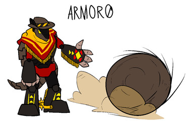 ambiguous_gender anthro boots brown_body clothing footwear hat headgear headwear machine poncho rolling shoes solo spurs tassels yellow_eyes atomic_cat armor0 armadillo mammal robot xenarthran 2022 nonbinary_(lore)