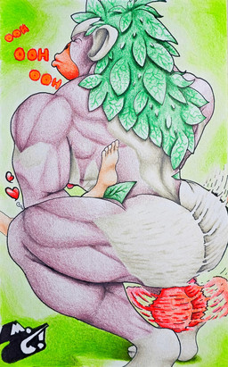 anthro balls butt carrying_another duo feet genitals grunts interspecies leaf male male/male muscular muscular_male pokephilia speed_lines text marthan_crowl_(artist) game_freak nintendo pokemon ape generation_8_pokemon haplorhine human mammal pokemon_(species) primate rillaboom absurd_res english_text hi_res