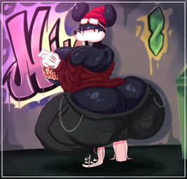 anthro big_breasts big_butt black_body bottomwear breasts butt camel_toe clothing eyewear female footwear glasses gloves graffiti graffiti_on_wall handwear hat headgear headwear huge_breasts huge_butt jacket pants shirt shoes solo street thick_thighs topwear rabbit5gamer disney minnie_mouse mammal mouse murid murine rodent hi_res