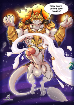 armor balls claws cosmic_background ejaculation erection fire galaxy genitals glowing gold_(metal) horn hyper macro male muscular penis planet semi-transparent solo space speech_bubble star sun text chemicalkirin league_of_legends mythology riot_games tencent aurelion_sol_(lol) dragon mythological_creature mythological_scalie scalie english_text hi_res