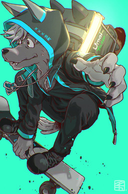 backpack clothed clothing cute_fangs fangs fur grey_body grey_fur hair jewelry male necklace simple_background skateboard skateboarding solo teeth vehicle white_hair quaternionxxx canid canine canis mammal character_request hi_res