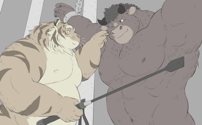 anthro barazoku belly bound brown_body brown_fur chain chained cuff_(restraint) duo fur humanoid_hands iron_cuffs kemono male male/male metal_cuffs moobs nipples overweight overweight_male restraints gadoran bovid bovine cattle felid mammal pantherine tiger 2020