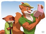 anthro biceps black_claws black_finger_claws canid canine cheek_tuft claws clothed clothing crossover disney duo ears_down embarrassed facial_tuft fangs fox fur gloves_(marking) green_clothing green_topwear holding_object male mammal markings necktie nick_wilde open_mouth open_smile orange_body orange_ears orange_fur pattern_necktie pecs pivoted_ears popodunk red_tongue robin_hood robin_hood_(disney) size_difference smile striped_necktie teeth tongue topwear tuft zootopia