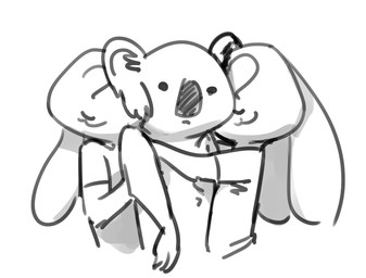 :3 ?_face ambiguous_gender anthro clothed clothing group group_hug hug hugging_another simple_background smile white_background fuel_(artist) anon kin_(character) koala lagomorph leporid mammal marsupial rabbit vombatiform 2018 greyscale monochrome