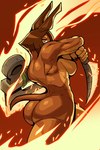 2024 2:3 absurd_res anthro axe breasts brown_body brown_fur brown_hair butt canid canine canis casual_nudity ceehaz dobermann dog_knight_rpg domestic_dog dual_wielding female fur hair hi_res holding_object holding_weapon knife looking_back mammal muscular muscular_anthro muscular_female nude pinscher rory_(ceehaz) side_boob solo weapon