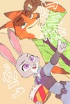 anthro clothed clothing duo food fully_clothed gesture hand_gesture necktie pointing popcorn shirt topwear kabe2mugi disney zootopia judy_hopps nick_wilde canid canine fox lagomorph leporid mammal rabbit red_fox true_fox