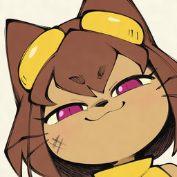 >:3 anthro brown_body brown_fur brown_hair bruised eyewear eyewear_on_head female fur goggles goggles_on_head hair looking_at_viewer pupils slit_pupils smug solo 4chan_anon unknown_artist gameoverse glitch_productions kit_bodega domestic_cat felid feline felis mammal 1:1 2026 headshot_portrait portrait