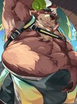 anthro beach belly blush bottle bottomwear brown_body brown_fur clothing container drunk erection erection_under_clothing fur grin harness male moobs navel nipples obese overweight palm_tree pawpads plant shorts smile solo substance_intoxication swimwear tree hechaxianzhi lifewonders live_a_hero goro_(live_a_hero) bear mammal 3:4 absurd_res hi_res