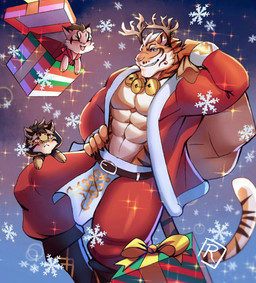 abs anthro holidays jewelry male necklace stripes tail raytig12 christmas nekojishi studio_klondike likulau lin_hu shu-chi felid feline leopard leopard_cat mammal pantherine prionailurus tiger hi_res