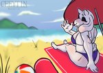2_horns anthro ball beach beach_ball beach_towel beach_umbrella big_breasts bra breasts claws clothing eyeliner eyeshadow female fur gesture grass horn inflatable long_ears makeup mature_anthro mature_female panties parasol plant sea sitting slightly_chubby slightly_chubby_anthro slightly_chubby_female small_tail solo tail thick_thighs towel underwear water waving waving_at_viewer white_body white_fur wide_hips ceeytin undertale undertale_(series) toriel bovid caprine goat mammal 2025 digital_media_(artwork) hi_res shaded