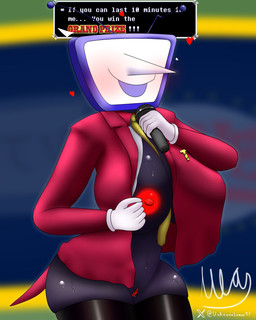 antennae_(anatomy) big_breasts big_butt big_nose black_body blush bodily_fluids breasts butt clothed clothing crossgender dialogue electronics female genital_fluids genitals glistening glistening_body gloves handwear legwear microphone necktie nipples not_furry partially_clothed presenting presenting_breasts red_clothing red_suit smile solo stockings suit suit_jacket sweat television text text_box thick_thighs vulva white_clothing unknownlemon deltarune undertale_(series) tenna_(deltarune) darkner humanoid 2025 4:5 absurd_res digital_drawing_(artwork) digital_media_(artwork) english_text hi_res signature