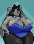 anthro big_breasts black_hair black_kerchief black_nose blue_eyeshadow bow_(feature) bow_in_front bow_tie breasts bunny_costume cleavage clothed clothing costume cuffs_(clothing) eyeshadow female fur green_eyes grey_body grey_fur hair huge_breasts huge_thighs kerchief legwear looking_at_viewer makeup overweight overweight_female pantyhose playboy_bunny solo thick_thighs wide_hips diamond_grenadier the_man_from_the_window zed_technician_games mama_rabbit_(tmftw) lagomorph leporid mammal rabbit hi_res watermark