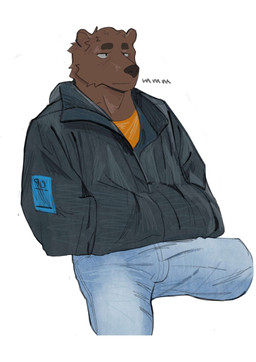 anthro black_clothing black_eyes black_jacket black_topwear blue_bottomwear blue_clothing blue_jeans blue_pants bottomwear brown_body brown_fur clothing denim denim_bottomwear denim_clothing fur half-closed_eyes hand_in_pocket jacket jeans male muscular muscular_anthro muscular_male narrowed_eyes orange_clothing orange_shirt orange_topwear pants pockets shirt solo topwear gouhinmpreg bear mammal hi_res