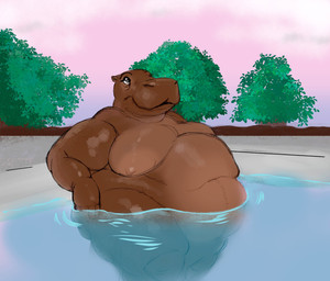 anthro areola belly belly_overhang big_areola big_belly big_breasts breasts brown_body casual_nudity eyebrows eyeshadow female huge_areola huge_breasts huge_hips huge_thighs looking_away makeup mature_female navel nipples nude obese obese_anthro obese_female overweight overweight_anthro overweight_female partially_submerged plant poolside scales solo thick_thighs tired ventral_scales water wave wide_hips zevix_(artist) common_hippopotamus hippopotamid mammal absurd_res hi_res
