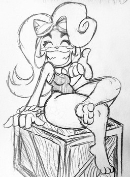 3_toes 5_fingers anthro blush blush_stickers bracelet breasts clothing crossed_legs eyewear eyewear_on_head feet female fingers foot_focus gesture goggles goggles_on_head hand_gesture huge_thighs jewelry one-piece_swimsuit pear-shaped_figure sharp_teeth sitting small_breasts smile smiling_at_viewer solo swimwear teeth thick_thighs toes wide_hips wooden_box fauxtellno1 activision crash_bandicoot_(series) coco_bandicoot bandicoot mammal marsupial hi_res monochrome