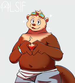 anthro belly bottomwear bracelet brown_body brown_fur clothed clothing eyewear eyewear_on_head fur gesture goggles goggles_on_head grey_background heart_gesture heart_symbol jewelry looking_at_viewer male navel overweight overweight_anthro overweight_male simple_background smile smiling_at_viewer solo sparkles topless topless_anthro topless_male alsif_santoso ensu mammal mustelid otter sea_otter 2025 digital_drawing_(artwork) digital_media_(artwork) hi_res