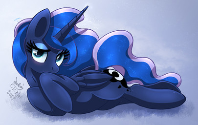 blue_body blue_eyes blush cutie_mark female feral horn looking_at_viewer looking_forward lying narrowed_eyes solo wings joakaha friendship_is_magic hasbro my_little_pony mythology princess_luna_(mlp) equid equine mammal mythological_creature mythological_equine winged_unicorn 2021 digital_drawing_(artwork) digital_media_(artwork) hi_res signature