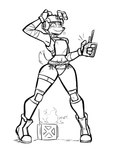 anthro bandage boots cheek_scar clothed clothed_anthro clothed_female clothing controller facial_scar female footwear gloves handwear holding_controller holding_object holding_remote_control looking_at_viewer night_vision_goggles remote_control scar shoes solo standing tactical_gear tail wearing_helmet aygee samantha_thott canid canine canis domestic_dog mammal 2025 3:4 black_and_white monochrome