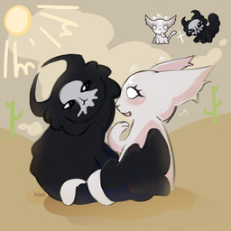 :3 ambiguous/ambiguous ambiguous_feral ambiguous_gender black_body black_eyes black_fur black_tail blush cactus cross day desert duo empty_eyes entwined_tails eye_contact eyelashes facial_markings feral feral_on_feral fluffy fluffy_tail forehead_markings fur head_markings heart_symbol hearts_around_head looking_at_another markings monotone_body monotone_fur monotone_tail mouthless multicolored_body multicolored_fur open_mouth open_smile outside plant quadruped sitting sky smile sun tail tail_coil two_tone_body two_tone_fur white_body white_ears white_eyes white_fur white_tail hlebhlebus mewgenics marshmallow_(mewgenics) morana_(mewgenics) domestic_cat felid feline felis mammal 1:1 2026 absurd_res colored digital_media_(artwork) hi_res reference_image female_(lore)