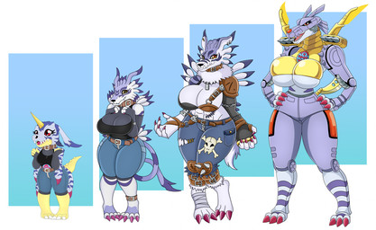 3_toes 5_fingers anthro armor big_breasts bottomwear breasts clothing digimorph feet female fingers grey_body group horn huge_breasts pants red_eyes shirt tail toes topwear weapon yellow_body yellow_eyes urusee584 bandai_namco digimon digimon_(species) gabumon garurumon metalgarurumon weregarurumon hi_res